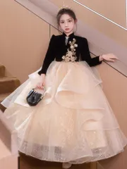 女の子ドレス  パーティードレス ピアノ発表会ドレス 刺繡 結婚式 演奏会 フォーマル キッズドレス 入学式 撮影用 ブラック*シャンパン色120 130 140 150 160