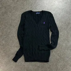 POLO RALPH LAUREN Cable Knit Sweater ポロラルフローレン ケーブル チェーン ニット セーター Vネック ワンポイント 刺繍 ブラック 黒 レディース