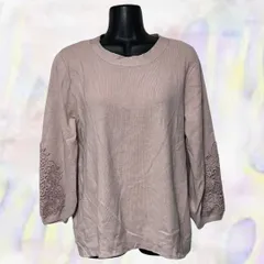 ノーブランド　セーター　ピンク　レディース　カットソー　伸縮性有　ラウンドネック　袖刺繍　花柄　くすみカラー　楽ちん　長袖　M