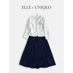 ◇コーディネート2点◇ ELLE ノーカラーツイードジャケット × UNIQLO プリーツスカート セレモニー 入学式 卒業式 フォーマル 上品 きれいめ