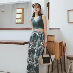 体型カバー 水着 セパレートレディース タンキニ Vネック ビキニ ワイドパンツ 3点セット ロングパンツ uvカット バンドゥ水着ハイウエスト