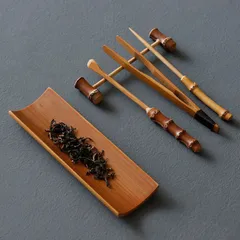 竹製 茶則＋茶通し＋茶針＋茶挟+茶器置き 5点セット