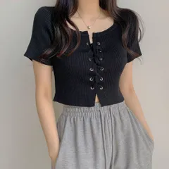 サマーニット ショート丈 ニット トップス レースアップ プルオーバー 半袖 クロップド丈 ニットカットソー ラウンドネック 韓国 春夏 コン