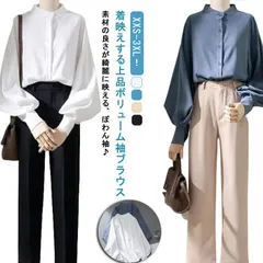 ボリューム袖 ブラウス トップス ビジネス バルーン袖 レディース ゆったり 薄手 白シャツ スタンドカラー 立ち襟 大きいサイズ オフィス 長袖 ボリューム袖 通勤 白ブラウス 無地 事務服 フェミ42717