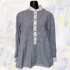 Sheth　シス　ブラウス　ブルー　レディース　ストライプ　ノーカラー　チュニック　バイカラー　切替ギャザー　フロントボタン　春服　長袖