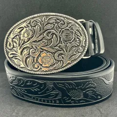 B004-b ベルト 唐草 花 デザイン PUレザー 黒色 メンズ ウエスタン風