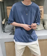 レイヤード風tシャツ メンズクルーネック【カラー：ブルー　商品コード：84JIQI-003】