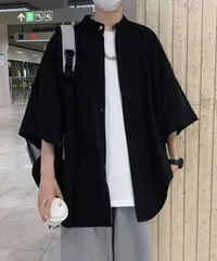 スタンドカラーシャツメンズ 半袖トップス【カラー：ブラック　商品コード：87MP-004】