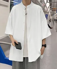 スタンドカラーシャツメンズ 半袖トップス【カラー：ホワイト　商品コード：87MP-004】