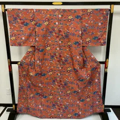 小紋 裄66.5 化繊 型染め 美しい花 袷 着物 MK-3192