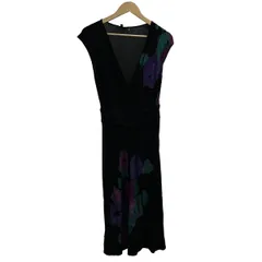 LAURAASHLEY(ローラアシュレイ) ワンピース サイズUK12 L レディース - 黒×パープル×マルチ Vネック/半袖/ひざ丈/花柄