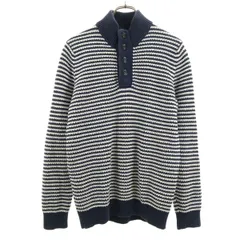 TOMMY HILFIGER トミーヒルフィガー リネンブレンド ボーダー柄 長袖 ヘンリーネック ニット L ネイビー メンズ 古着