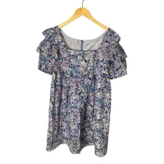 ジルスチュアート JILL STUART 花柄 ワンピース チュニック タック フリル スクエアネック ミニ丈 2 ブルー パープル ■GY43