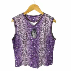 イタリヤ 伊太利屋 ヒョウ柄  アニマル柄 Vネック Tシャツ カットソー ラインストーン ラメ ノースリーブ 9 パープル ■GY43