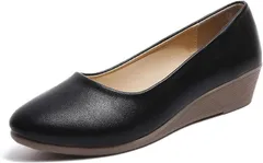 goodspoon パンプス レディース 靴 歩きやすい フォーマル 痛くない 疲れない オフィス 通勤 通学 ローヒール 幅広 ストレッチ 軽量 PUレザー ウェッジソール S40 (ブラック,  24.5 cm)