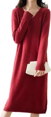 GIVEK ニットワンピース レディース ロング丈 Vネック タイト リブ 長袖 (レッド,  Free Size)