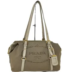 PRADA トートバッグ ロゴ ジャガード キャンバス レザー ベージュ系