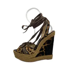 クリスチャンルブタン サンダル 39 レディース美品  - ベージュ×ダークブラウン 20周年記念/ウェッジソール/レースアップ/豹柄/リボン