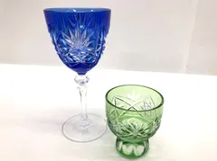 切子 カットグラス 冷酒グラス ぐい吞 お猪口 高台 ワイングラス リキュールグラス アルコールグラス 酒器 和食器 食器 ガラス製 ガラス工芸 ブルー/グリーン 2点おまとめ