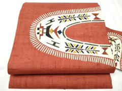 平和屋着物●九寸名古屋帯　生紬　型染め　幾何学文様　正絹　逸品　CABC5331hy