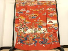 アンティーク 引き振袖 お引きずり 朱赤 扇面 吉祥花 身丈162.5cm 正絹