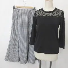 イング INGNI ニット スカート 2枚セット 八分袖 丸首 レース フレア ロング丈 レースアップリボン チェック柄 黒 白 ブラック ホワイト M F