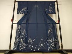 美品［ 小紋/絽 ］正絹 紺色 濃青 草花 絞り 着物 薄物 盛夏 夏物 