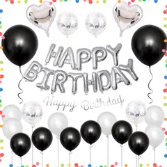 【在庫セール】シルバー＆ブラック サプライズ お祝い パーティー 装飾 リボン付き ドットシール 紙吹雪風船 ハート風船 BIRTHDAYガーランド HAPPY バースデー ハッピー 風船セット 飾り付け バルーン 誕生日 GRESATEK