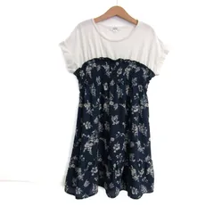 アーヴェーヴェー 切替ワンピース 半袖 花柄 トップス キッズ 女の子用 130サイズ ホワイト×ネイビー a.v.v 【中古】