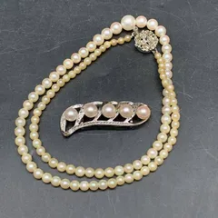 Y380パールネックレス　ブローチおまとめ　2点ともSILVER刻印　シルバージュエリー　天然パール　真珠