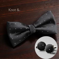 蝶ネクタイ  黒 ドット柄  3点セット / ポケットチーフ カフス メンズ フォーマル小物 / シルバー ダークレッド