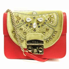 フルラ FURLA 美品 メトロポリス カスタマイズフラップ ミニバッグ ショルダー チェーン 斜め掛け 装飾 レザー 赤系 レッド系 鞄