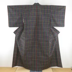 ウール着物 単衣 紺色ｘ赤色ｘ黄色 格子模様 バチ衿 カジュアルきもの 普段着物 仕立て上がり ウールきもの 和洋ミックス 身丈155cm
