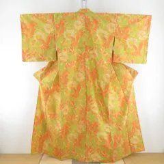 ウール着物 単衣 オレンジ色ｘ黄緑色 植物模様 広衿 カジュアルきもの 普段着物 仕立て上がり 身丈158cm