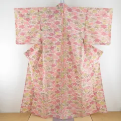 ウール着物 ウール 単衣 ベージュ色ｘ黄色ｘ赤オレンジ色 紅葉模様 広衿 カジュアルきもの 普段着物 仕立て上がり 身丈158cm