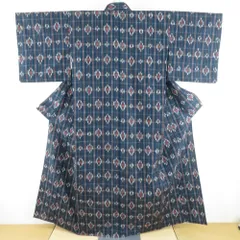 ウール着物 ウール 単衣 紺色ｘ赤色ｘ白色 幾何学模様 広衿 カジュアルきもの 普段着物 仕立て上がり 身丈156cm