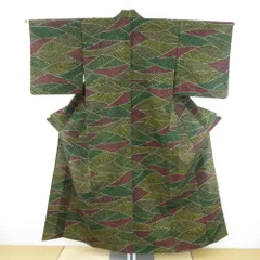 ウール着物 単衣 黒色ｘ赤色ｘ緑色ｘ黄色 幾何学模様 広衿 カジュアルきもの 普段着物 仕立て上がり 身丈152cm