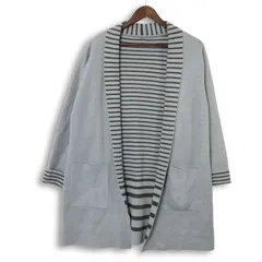 Otto オットー 裏ボーダー★ ニット ショールカラー ロング カーディガン 羽織り ガウン Sz.LL レディース 大きいサイズ