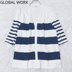 グローバルワーク　カーディガン　ボーダー柄　Vネック　羽織り　ストレッチ　薄手　カジュアル　アイボリーネイビー　Lサイズ
