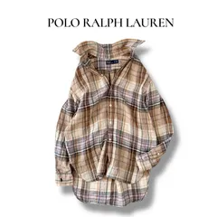 美品 現行品 ポロラルフローレン チェックリネンシャツ XS オーバーサイズフィット 麻 ポニー刺繍 QRタグ 完売品 6J045 インド製