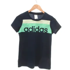 アディダス adidas 美品 Tシャツ 半袖 ラウンドネック ロゴプリント L 紺 ネイビー ライムグリーン /YJ ■GY59