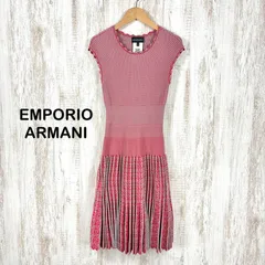 EMPORIO ARMANI エンポリオアルマーニ チェック 総柄 フリルプリーツ ストレッチ ジャガードニット ノースリーブ ロングワンピース レッド レディースのサムネイル