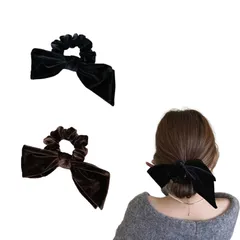 【在庫セール】髪飾り 秋冬 少女 大人 生地 おしゃれ 2枚セット レディース 蝶々結び 結婚式 卒業式 ベロアリボン 入学式 シュシュ 入園式 ヘアゴム ブラック JIMIGUGU コーヒー