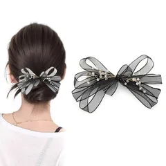 【在庫処分】おしゃれ 女性 エレガント 子供 シフォン 誕生日 ビーズ 通勤 ヘアアクセサリー 通学 パーティー チュールリボン お祝い 髪留め 卒業式 髪飾り 撮影用 ヘアクリップ 結婚式 雲見 (ブラック)