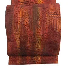 【美品】 名古屋帯 優品 八寸名古屋帯 松葉仕立て 建物 草花 赤茶 正絹 【中古】