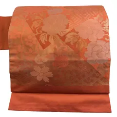 【美品】 名古屋帯 優品 関西仕立て 牡丹唐草 菱文 箔 オレンジ 正絹 【中古】
