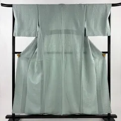 【美品】 色無地 身丈157cm 裄丈66.5cm M 単衣 地紋 薄緑 正絹 優品 一つ紋 【中古】