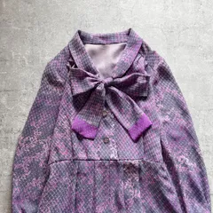 昭和レトロ パープル小花ドット柄 ボウタイ付き 長袖ワンピースフリーサイズ