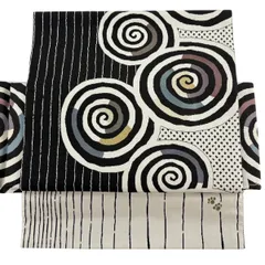 【美品】付け帯 名品 作り帯 渦巻 縞模様 黒 正絹 【中古】