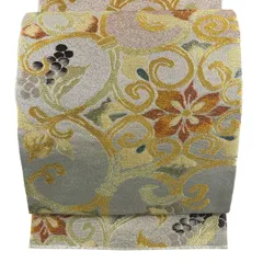 【美品】 袋帯 名品 関西仕立て 葡萄唐草 花 金糸 灰茶 六通 正絹 【中古】